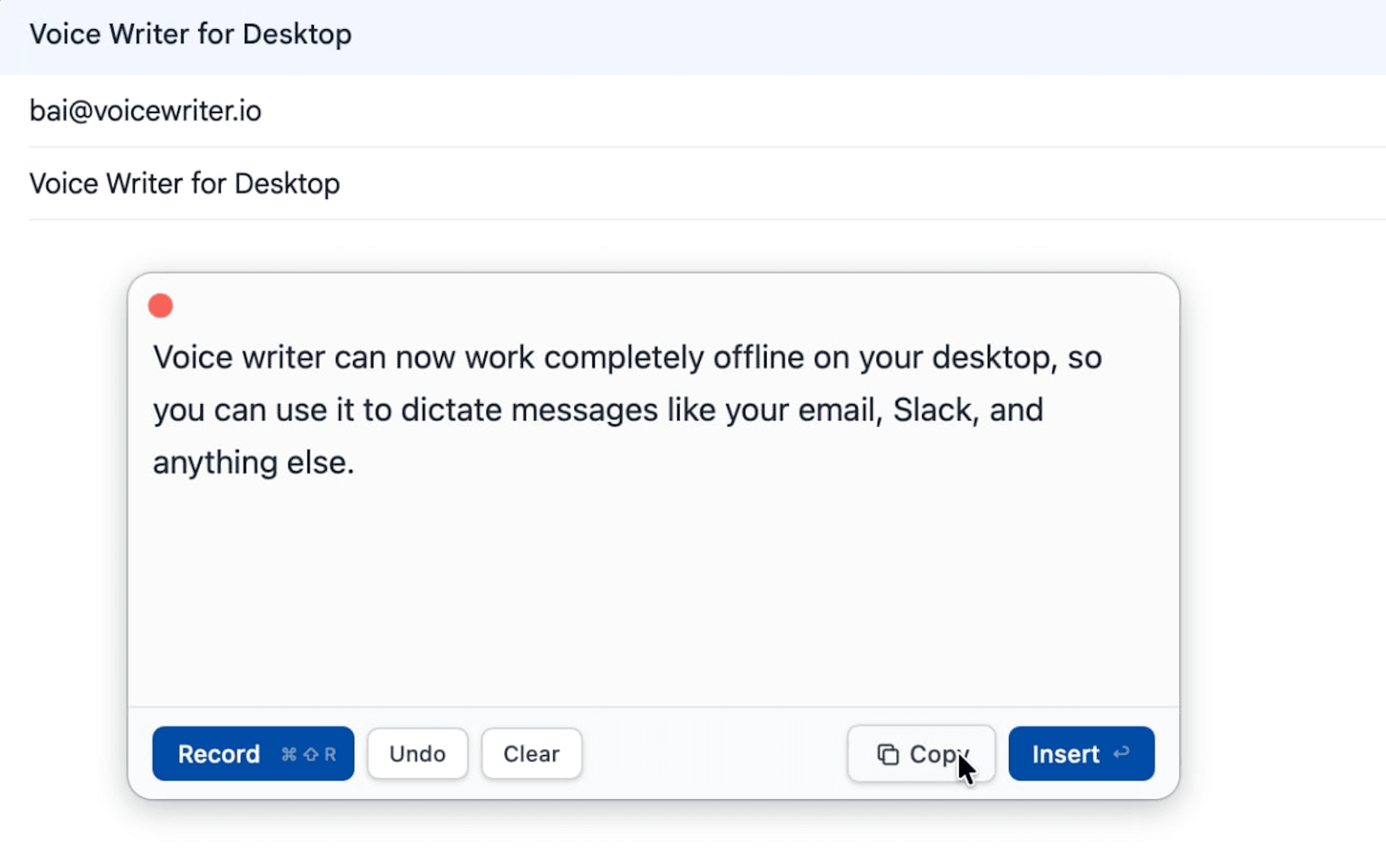 Voice Writer floating panel dictating live into Gmail